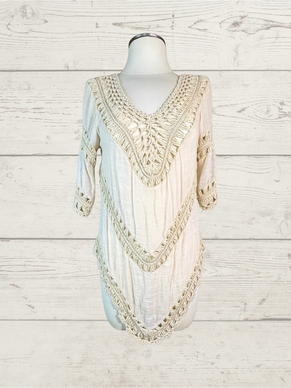 Ecote Boho Crochet Trim Tunic Top Handkerchief Hem Ivory Fall Small